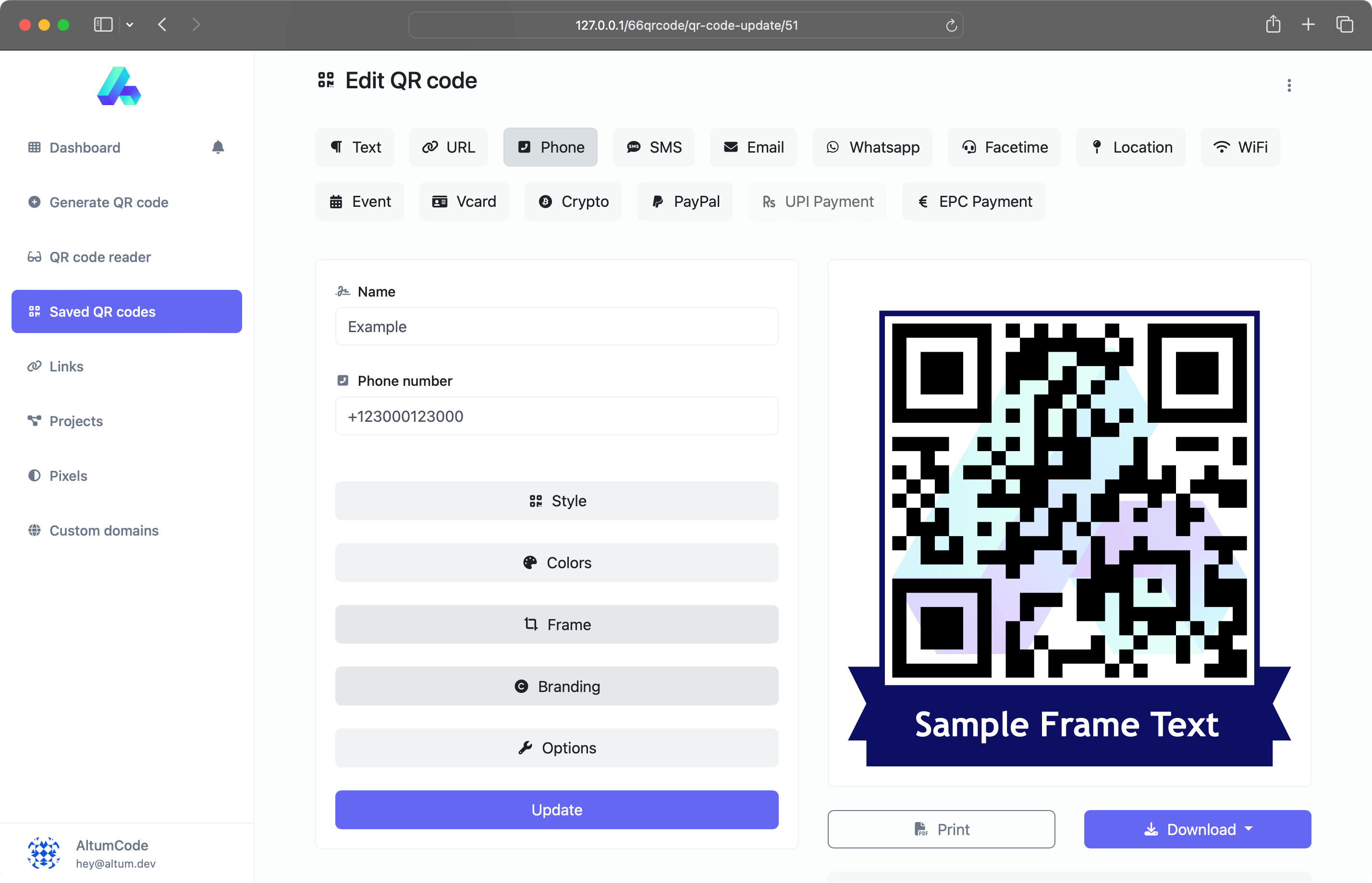 Captura de tela da página do gerador de QR code